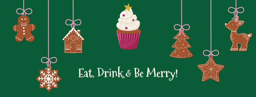 Festive horizontal card with assorted gingerbread cookies suspended on pink ribbons against deep green background