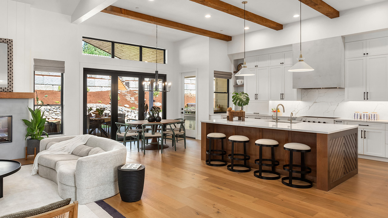 kitchen and living room in newly constructed luxury home