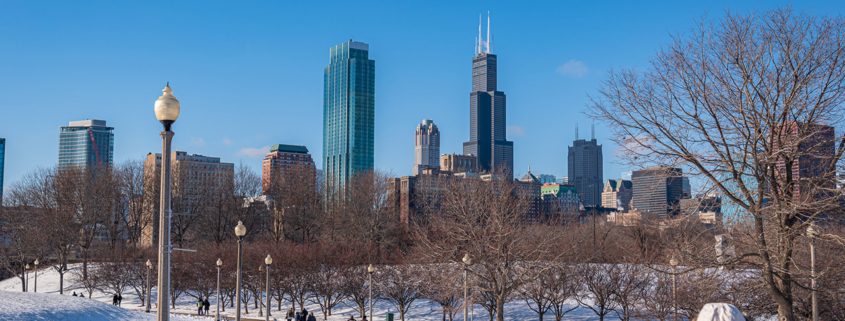 Chicago skyline viewed during the day in winter