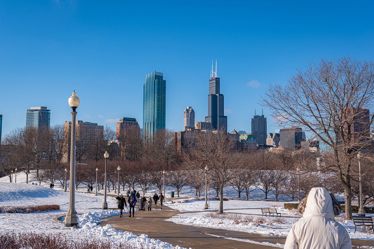 Chicago skyline viewed during the day in winter