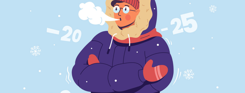 A young man in warm clothes, a hat and gloves is freezing and shivering from the cold vector image