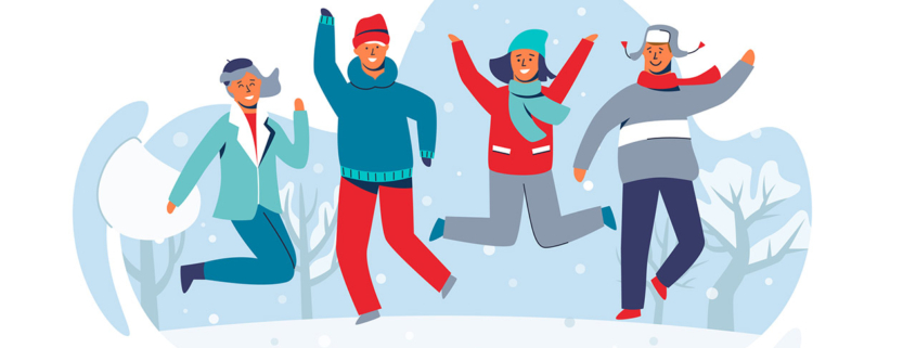 joyful characters friends jumping in the snow vector illustration
