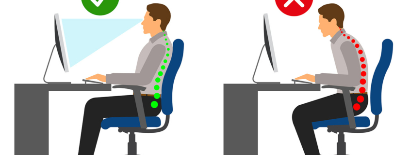 Correct and incorrect sitting posture when using a computer stock illustration