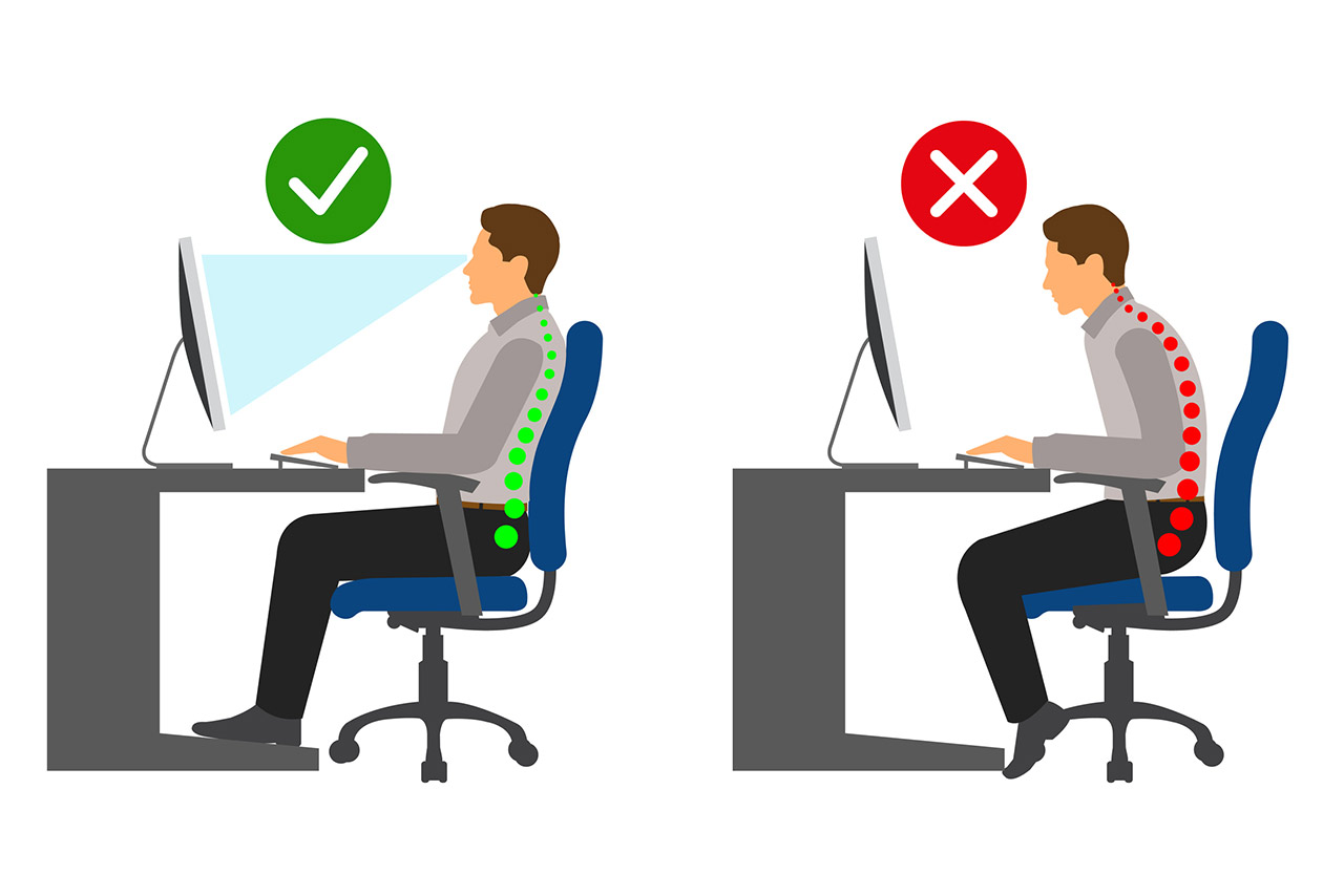 Correct and incorrect sitting posture when using a computer stock illustration