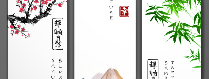 Three banners with blossoming sakura, bamboo and mountains
