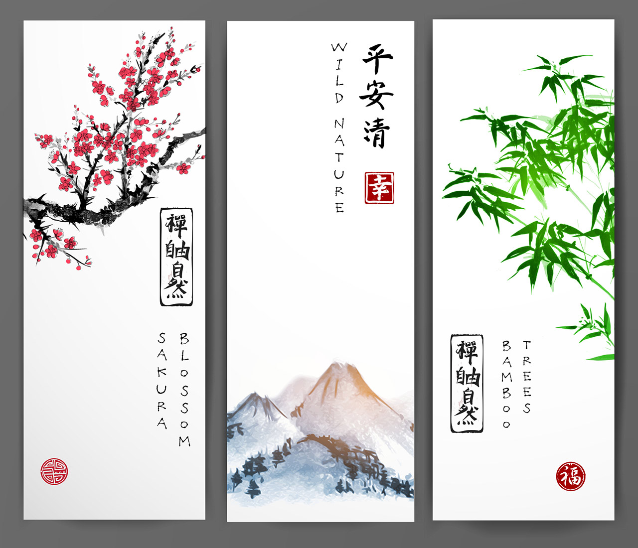 Three banners with blossoming sakura, bamboo and mountains