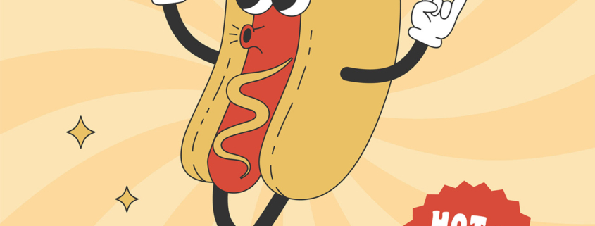 Trendy poster with groovy hippie hot dog. stock illustration