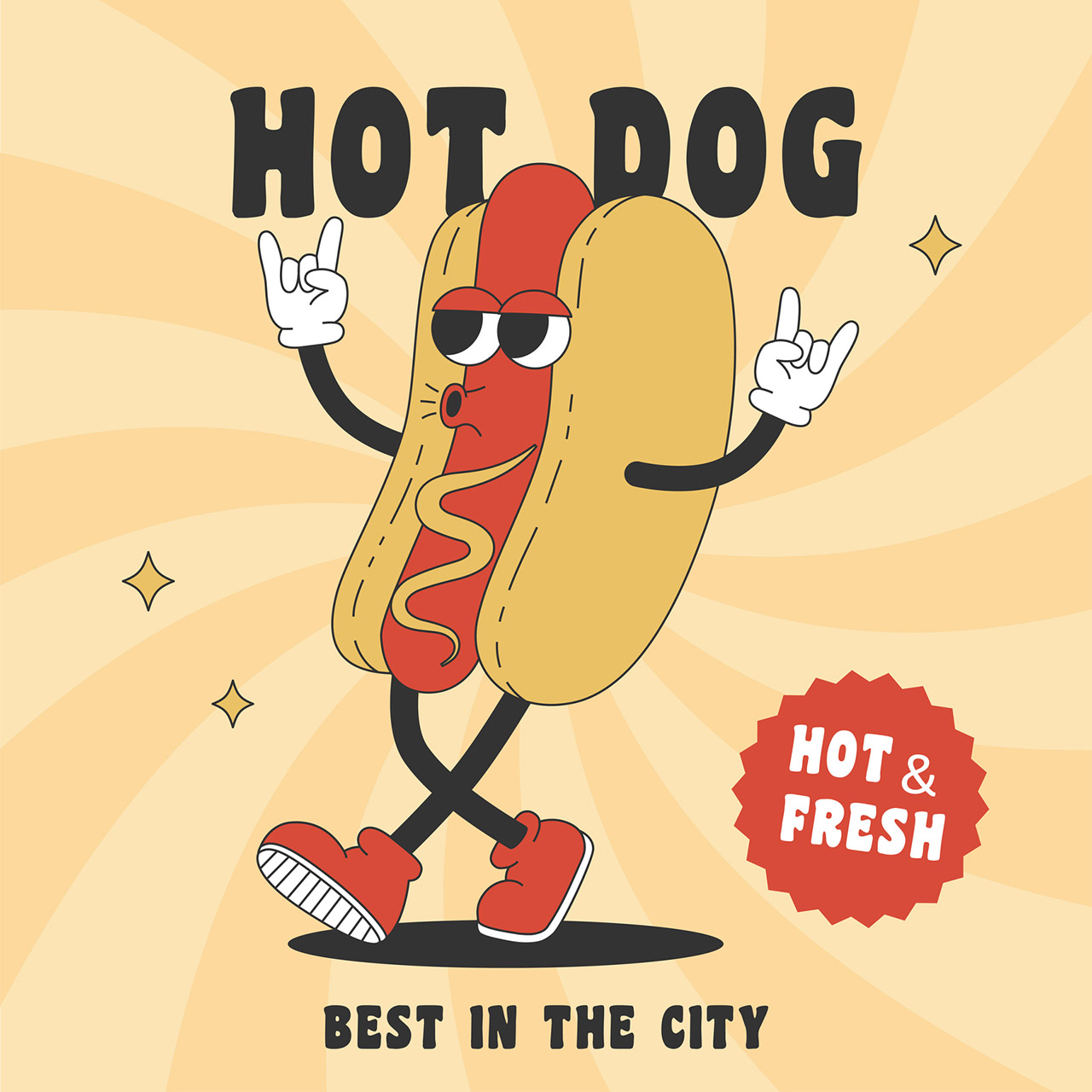 Trendy poster with groovy hippie hot dog. stock illustration