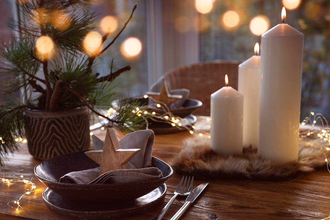 Elegant table decoration for a christmas dinner stock photo