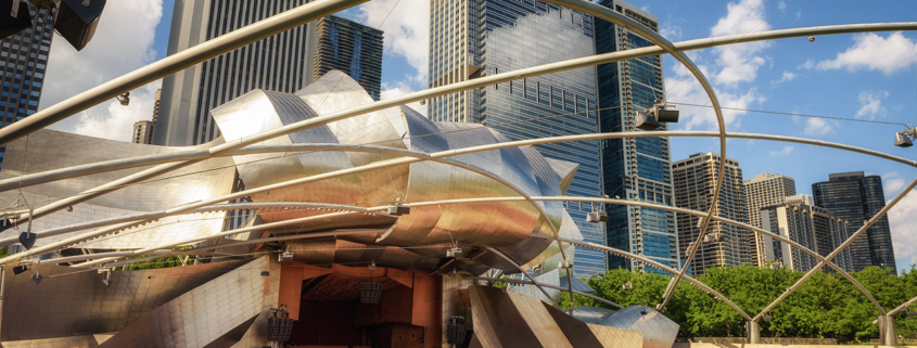 Jay Pritzker Pavilion in Millennium Park in Chicago, Illinois stock photo
