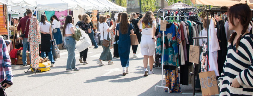 View of the city fair of interesting antiques with people stock photo