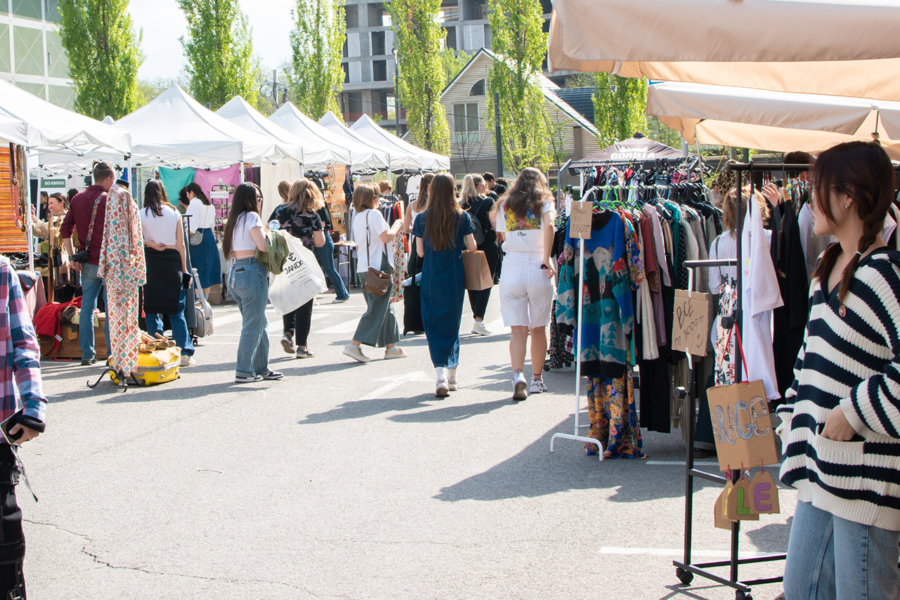 View of the city fair of interesting antiques with people stock photo