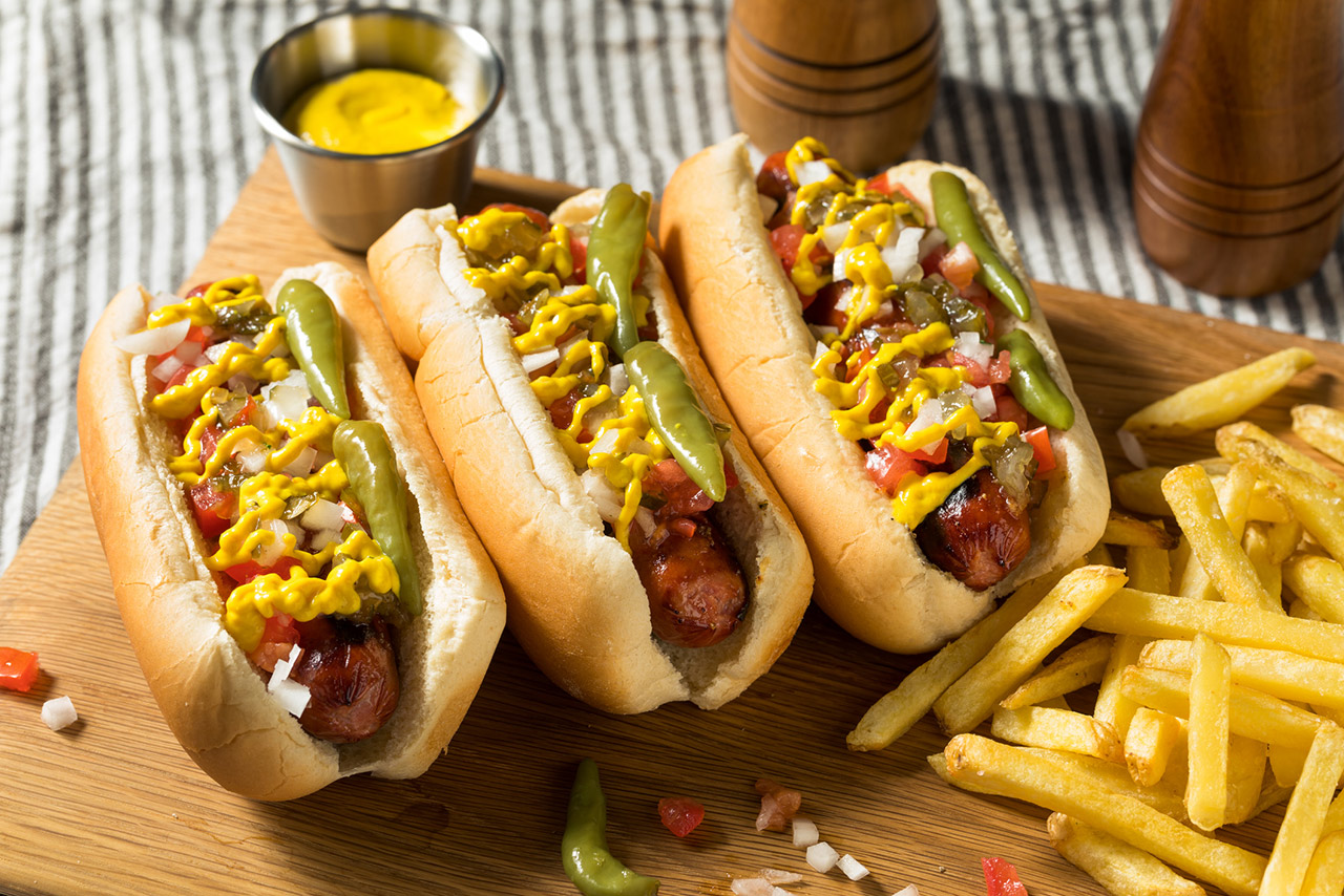 Homemade Chicago Style Hot Dog and Fries stock photo