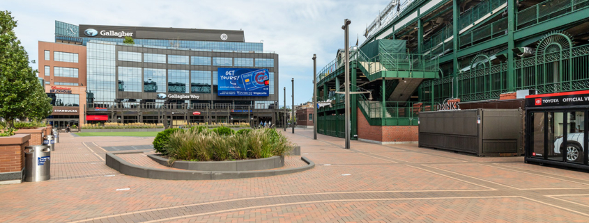 Gallagher Park, outside of Wrigley Field, in Chicago, IL. stock photo