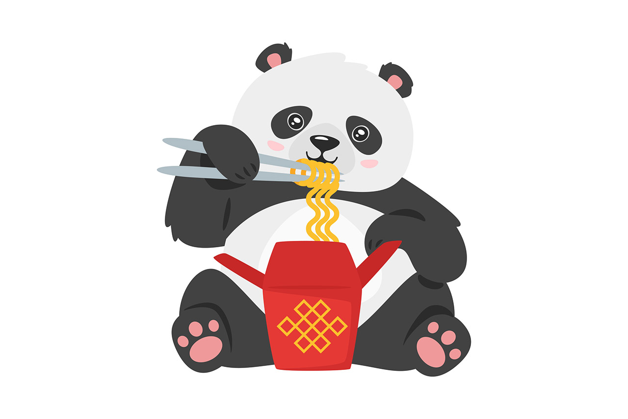 Kawaii panda eating chinese noodles stock illustration
