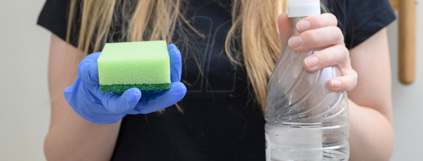 Spirit vinegar in home cleaning, cleaning woman stock photo