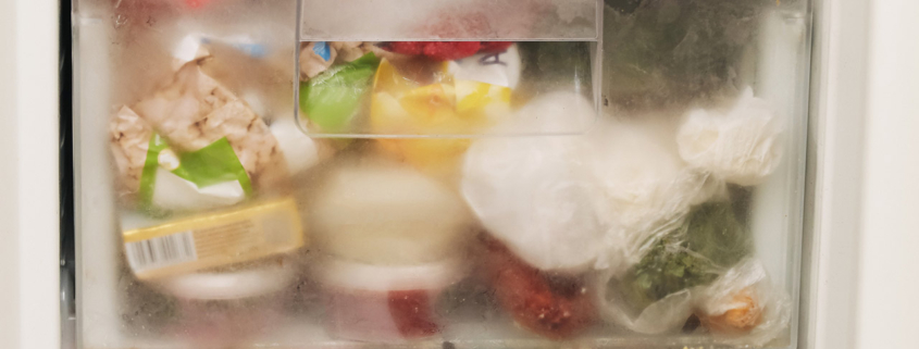 Overfilled freezer drawer packed with frozen food products stock photo
